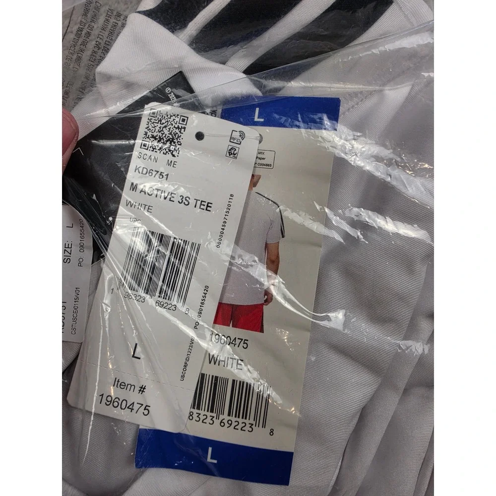 Adidas Active 3 Stripe Tee Mens L White Short Sleeve Performance Shirt KD6751